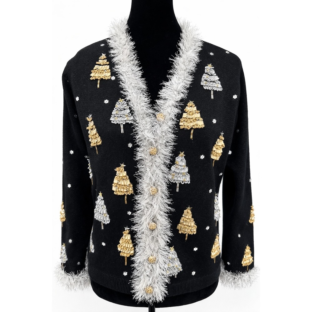 Design Options By Philip & Jane Gordon Christmas Tree Cardigan Small Black Knit